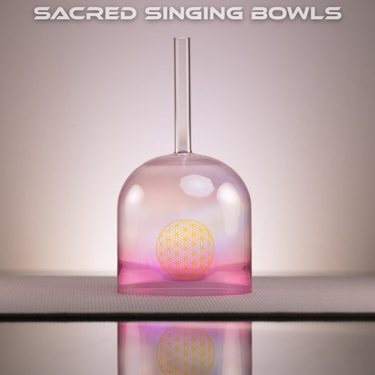 7" B3-21 Divine Light Handheld Crystal Singing Bowl: Pink & Clear with Flower of Life