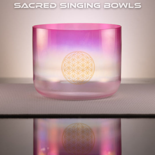 10" C#+42 Crystal Singing Bowl: Pink & Clear with Flower of Life